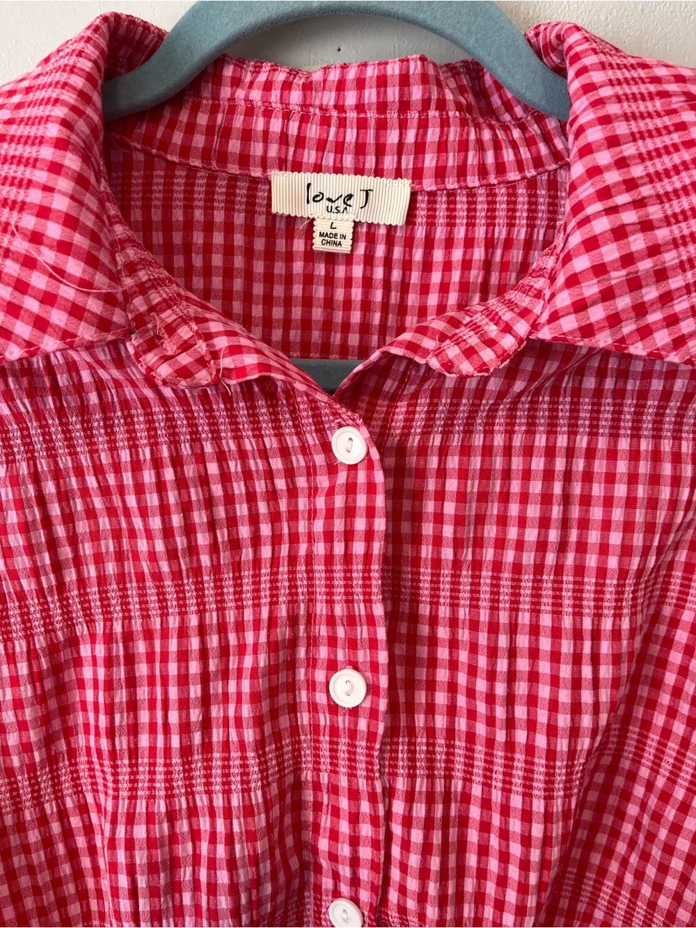 Red and Pink Gingham Tie-Front Crop Button-Up Top and matching shorts